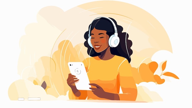 Vector african woman listening to podcast flat vector illustration