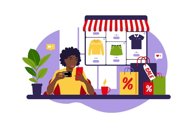 African woman online shopping. Black friday. Pay with credit card. Sale. Modern concept for web. Flat style.