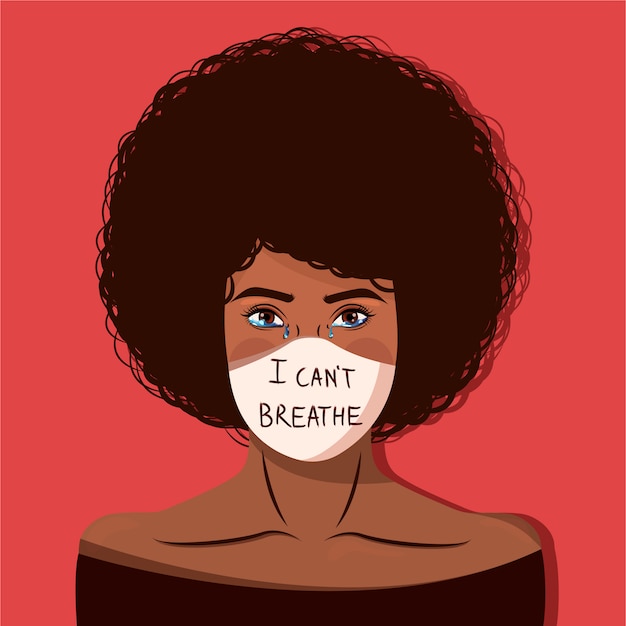 African Woman Protesting against racism and police lawlessness in a mask and "I can't breathe" quote on it. Concept for racial equality