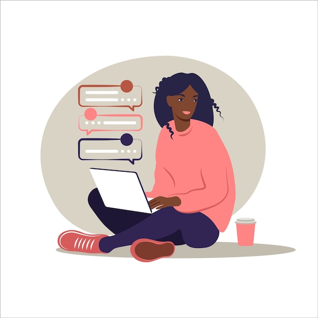 African woman sitting with laptop. Concept illustration for working, studying, education, work from home, healthy lifestyle.