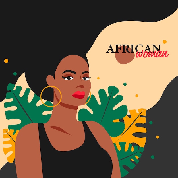 African woman vector flat illustration modern fashion collage with abstract portrait and leaves