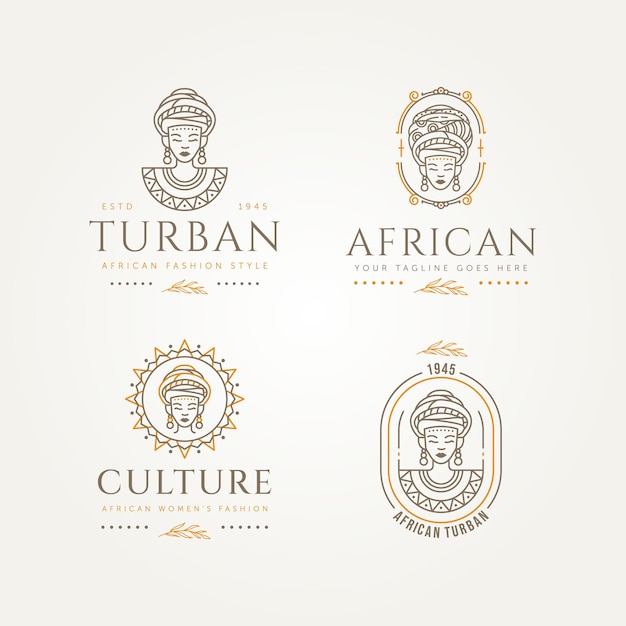 african woman with turban and ethnic round tribal symbol line art badge logo vector illustration