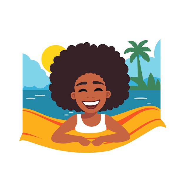 AfricanAmerican girl swimsuit smiling beach sun palms Summer joy vacation concept vector