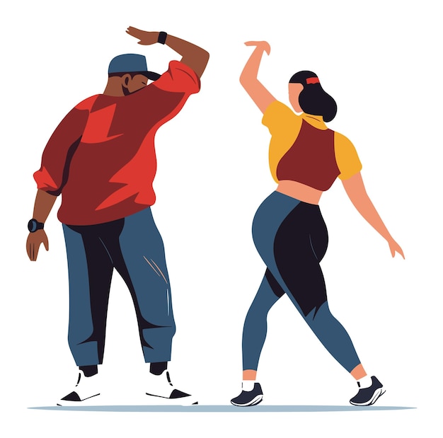 Africanamerican man and caucasian woman dancing hip hop dancers performing modern dance moves urban