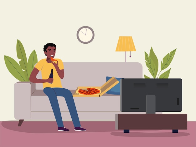 Afro american man watching soccer on the TV with beer and pizza Vector flat illustration