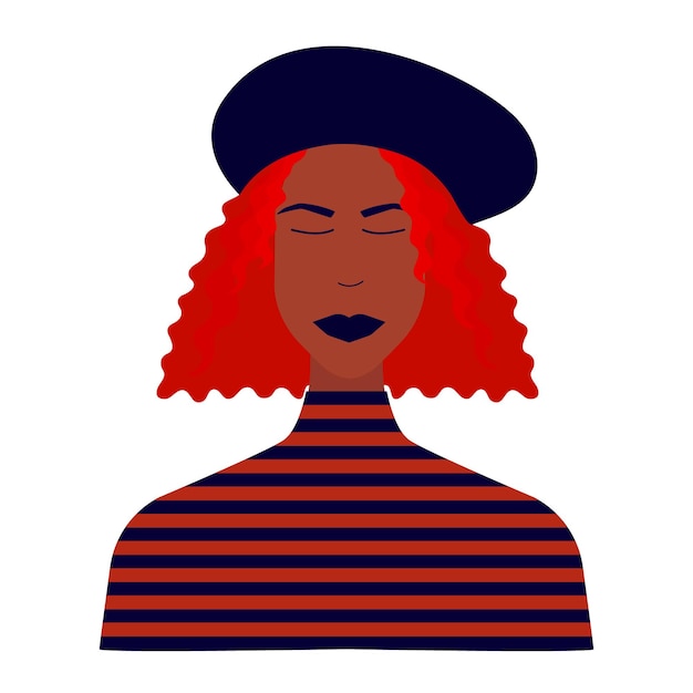 Afro american woman in beret with red hair and vest striped Fashion flat style illustration