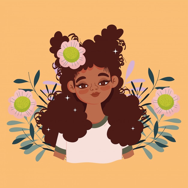 Afro american woman cartoon flowers foliage portrait vector illustration