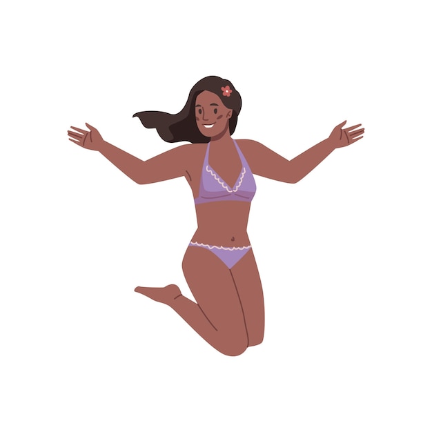 Afro american woman in swimsuit jumps in swimwear