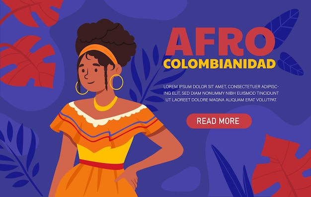 Afro colombianidad concept Woman in orange clothes with traditional patterns and ornaments Culture and history of african people Poster or banner for website Cartoon flat vector illustration