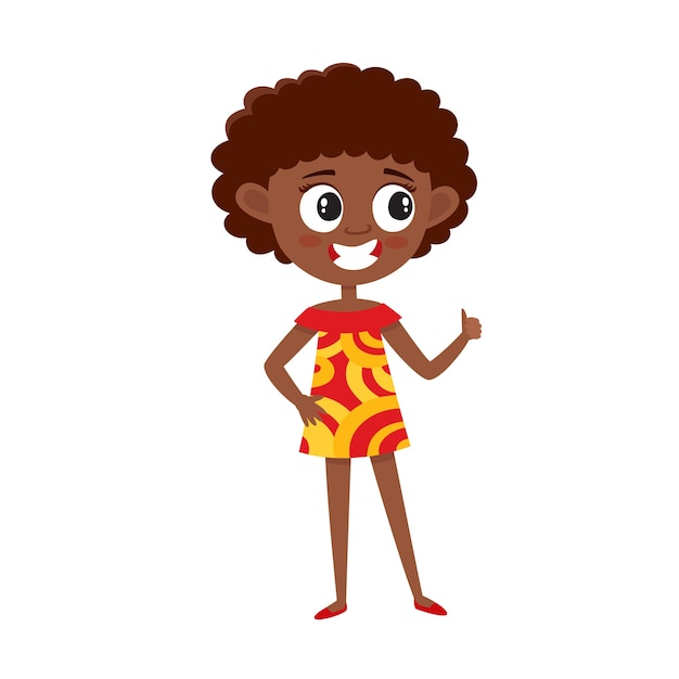 Afro teenager in bright dress in cartoon style isolated on white,  illustration