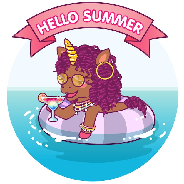 Afro unicorn floating on a life buoy, relaxing on the water