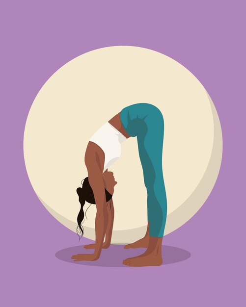 Vector afroamerican girl doing yoga fitness sport with circle behind on purple background for posters webs