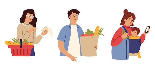 After grocery store. People buy food, fresh market goods. Young mother, guy and woman with purchase. Female look at bill from, supermarket basket and bags vector set