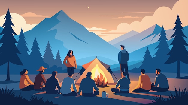 After a long day of trekking through the wilderness a group of novice campers huddle around a