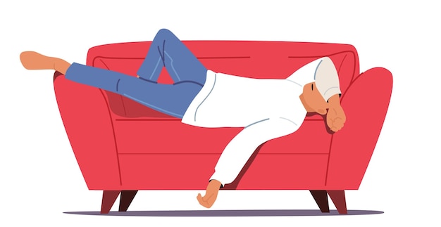 Vector afternoon slump laziness and procrastination postpone boredom and sleepy work concept male character sleeping lay down on sofa cover his face with hand cartoon people vector illustration