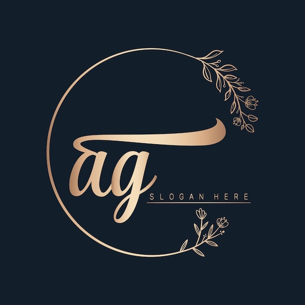 ag calligraphic and signature vector logo design with circle in gold color leaf and flower