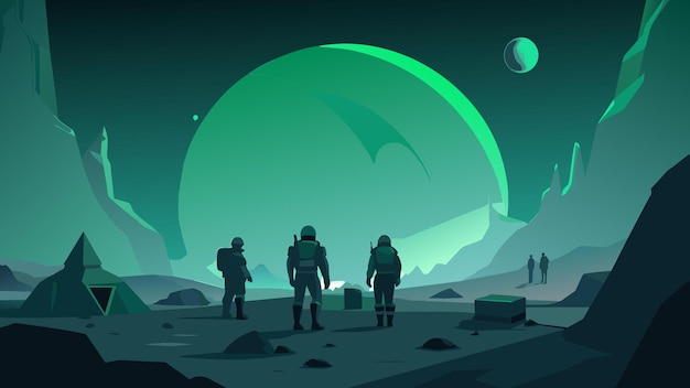 Vector against a backdrop of an alien planets harsh rocky terrain a group of explorers can be seen standing