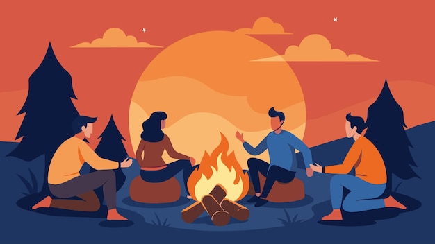 Against the backdrop of a bright orange sunset a group of friends sit around a campfire taking turns