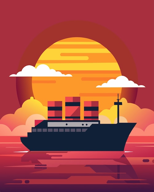 Against a vibrant pink and orange sunset the solarpowered cargo ship sails silently harnessing the