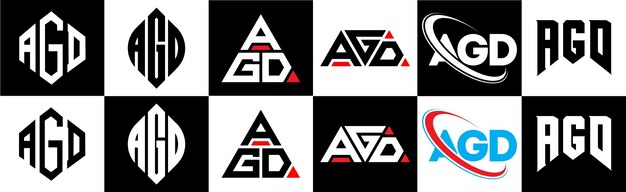 Vector agd letter logo design in six style agd polygon circle triangle hexagon flat and simple style with black and white color variation letter logo set in one artboard agd minimalist and classic logo