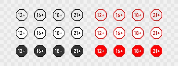 Age limit Big set icons 12 16 18 and 21 plus Black andred button Vector isolated