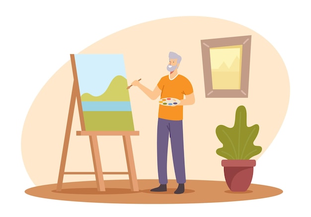 Aged People Hobby, Senior Man Artist Creative Occupation, Old Male Painter Character Hold Paintbrush in Hand in Front of Canvas on Easel Drawing with Landscape with Paints. Cartoon Vector Illustration