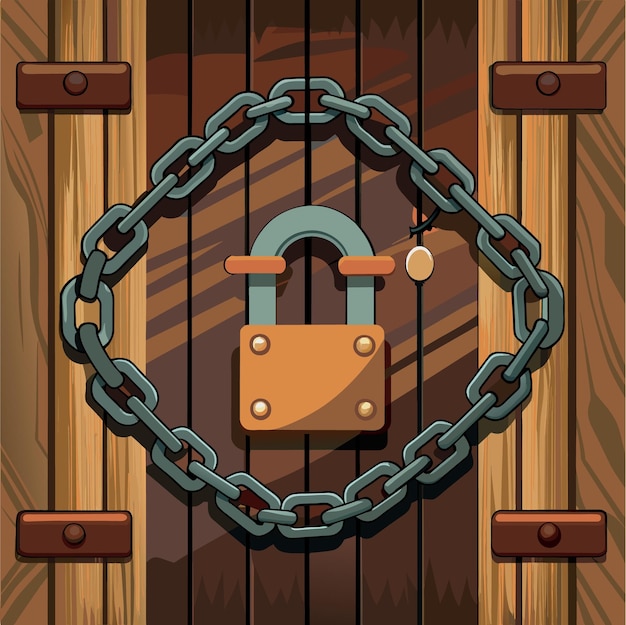 Vector aged rusty chain with lock pad on old ancient wooden door