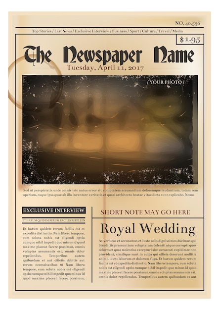 Aged yellow newspaper template Vintage front page