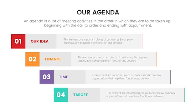 Agenda infographic concept for slide presentation with 4 point list and long box vertical shape direction