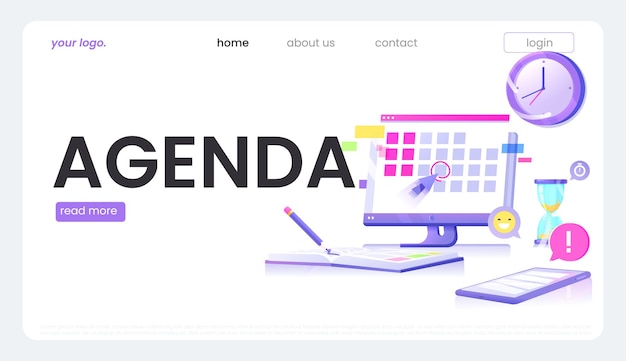 Agenda website concept banner. The monitor screen with a calendar and daily notebook with pencil and phone with application. Vector illustration flat design.