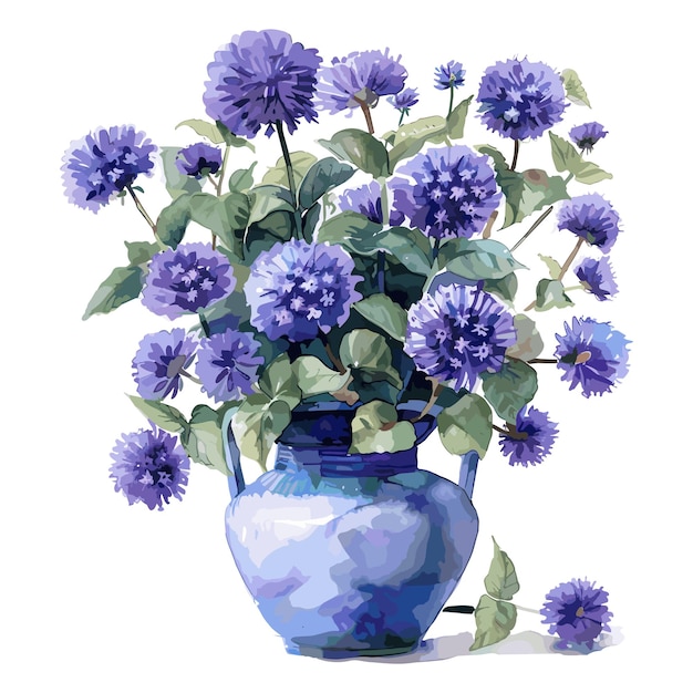 Ageratum Flowers in Vase set watercolor isolated on white background