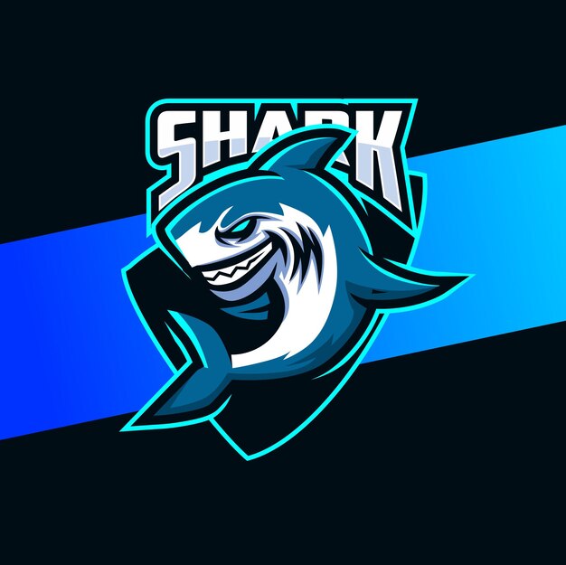 Vector aggressive mad shark mascot character logo design with badge for sport game