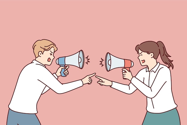 Aggressive men and women with megaphones quarreling and pointing fingers at each other Vector image