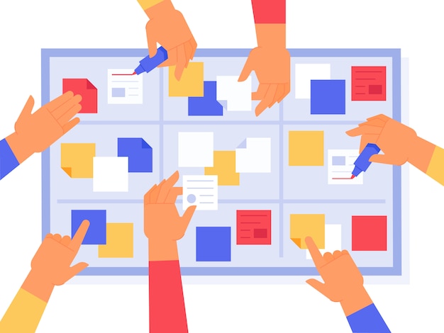 Agile board. Scrum sprints tasks, kanban work management and priority project status. Business strategy daily task vector illustration