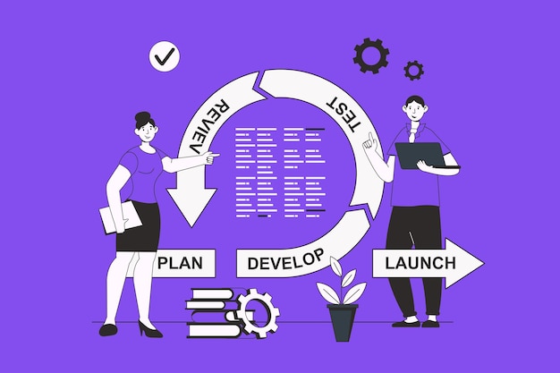 Agile development web concept with character scene in flat design People working and develop software test review and other devops cycle Vector illustration for social media marketing material