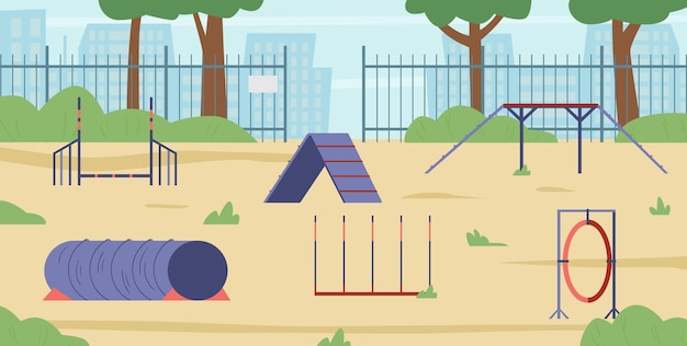 Agility field for dog training with equipment with no one flat vector illustration.