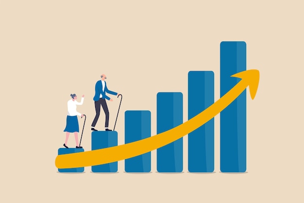 Aging society, world population aging problem, workforce crisis by low birth rate compare to senior elderly or retiree increase, elderly senior couple walk up rising, increasing graph of aged citizen.