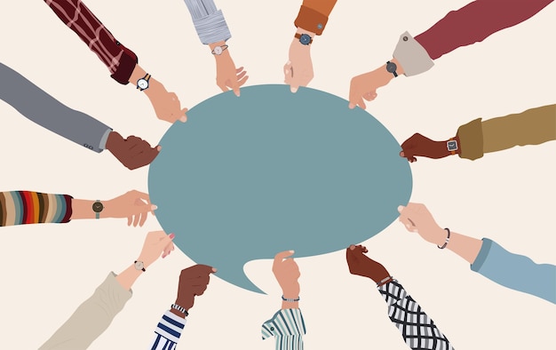 Agreement or affair between a group of colleagues or collaborators Hands holding speech bubble