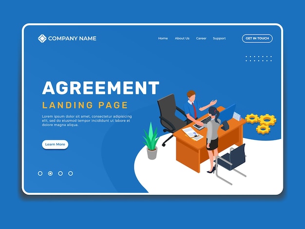 Agreement landing page illustration template with isometric business people agree to the contract