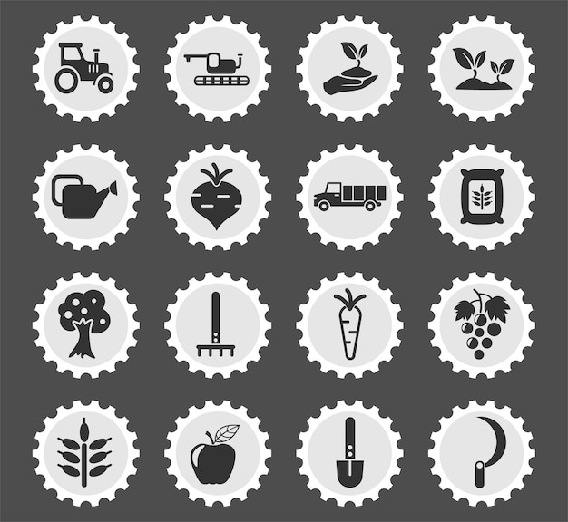 Agricaltural symbols on a round postage stamp stylized icons