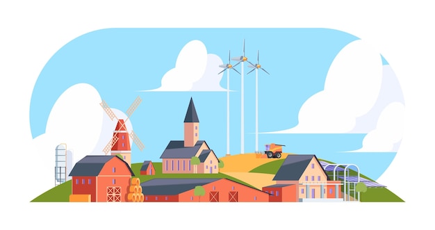 Agricultural background Rural landscape with old village with farm buildings cottages windmill garish vector flat illustration