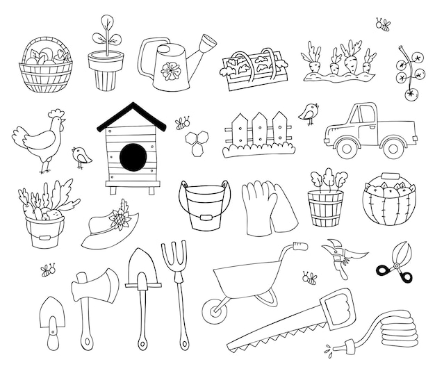 Agricultural and farm doodles Truck potted seedlings beehive garden tools shovel axe rooster chicken