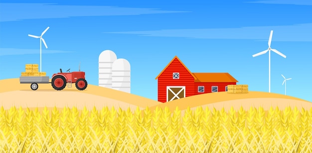 Vector agricultural farm with barn windmills and tractor vector illustration