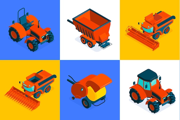 Agricultural isometric composition set of six square colored icons with machinery for field