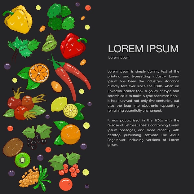 Agricultural leaflet template with hand-drawn vegetables, fruits and berries. Various organic products for a healthy diet. Space for the text. Stock illustration. Dark background. Vertical