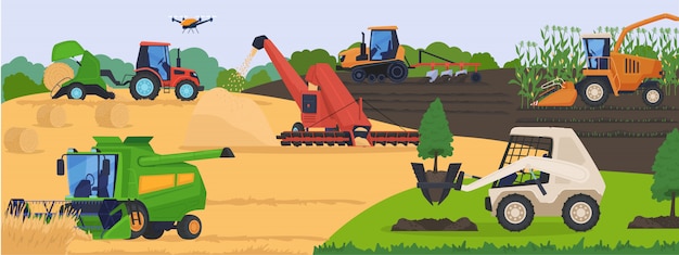 Vector agricultural machinery in field, harvest vehicle equipment and rural transport,  illustration.