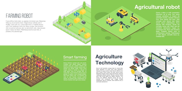 Agricultural robot banner set, isometric style