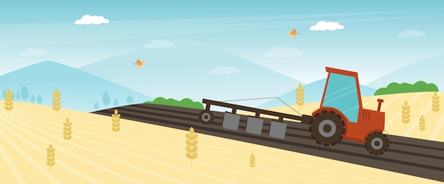 Vector agriculture farm banner. tractor cultivating field at spring vector illustration. combine harvester concept, watering farming tractor machinery. rural agricultural landscape. farmer work season.