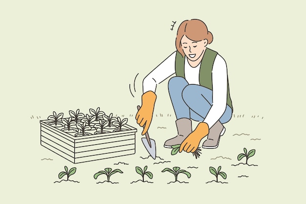 Agriculture, farming, growing plants concept. Young smiling woman farmer sitting growing plants with shovel taking care of plants vector illustration