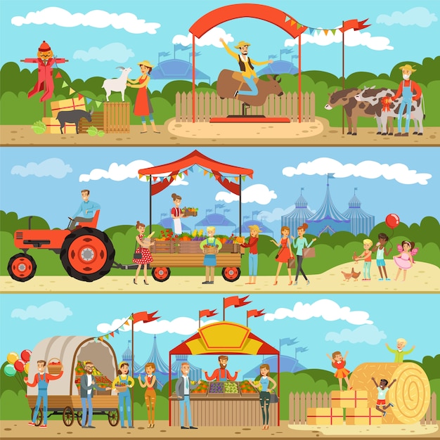 Agriculture and farming horizontal banners set, natural food farmer products, gardening, rural landscape colorful detailed  Illustrations